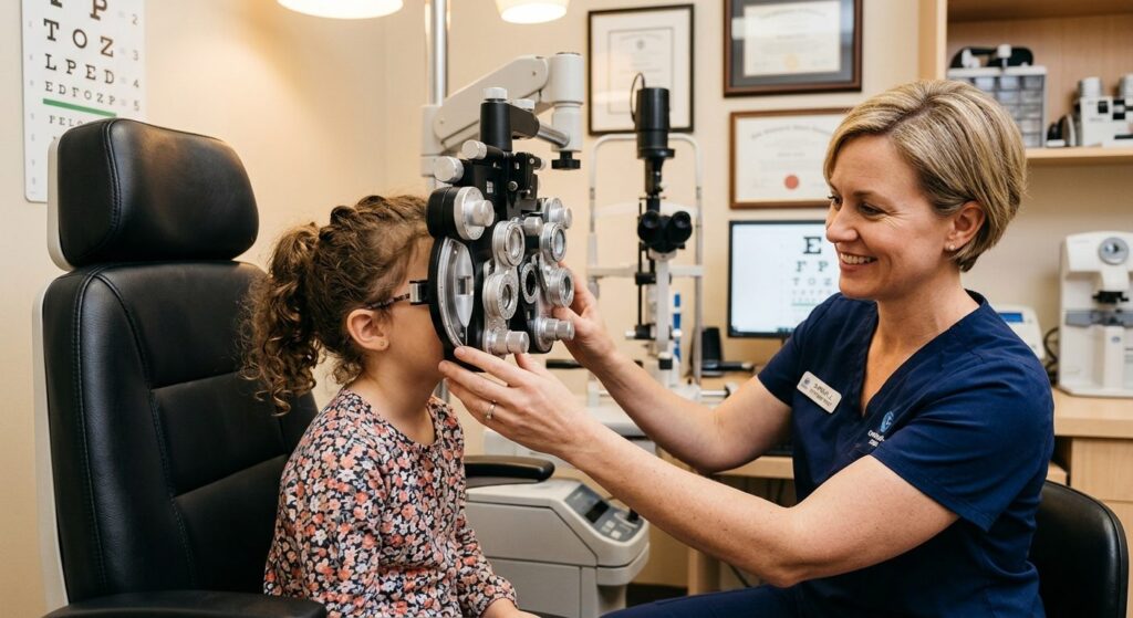 Barn får øjenundersøgelse hos optometrist under medicinsk kontrol