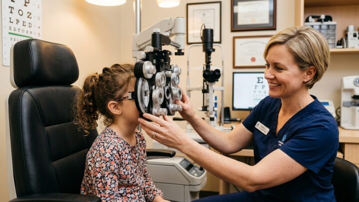 Barn får øjenundersøgelse hos optometrist under medicinsk kontrol