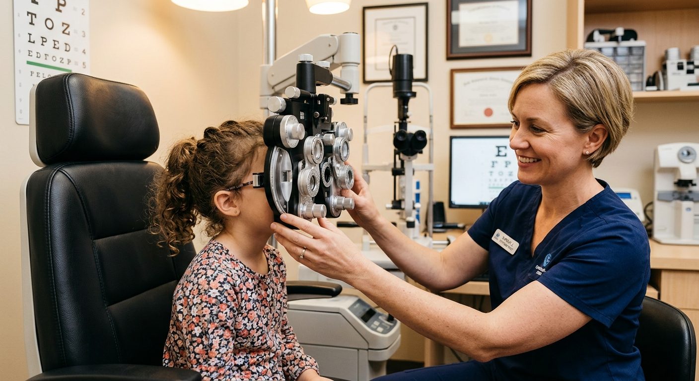 Barn får øjenundersøgelse hos optometrist under medicinsk kontrol