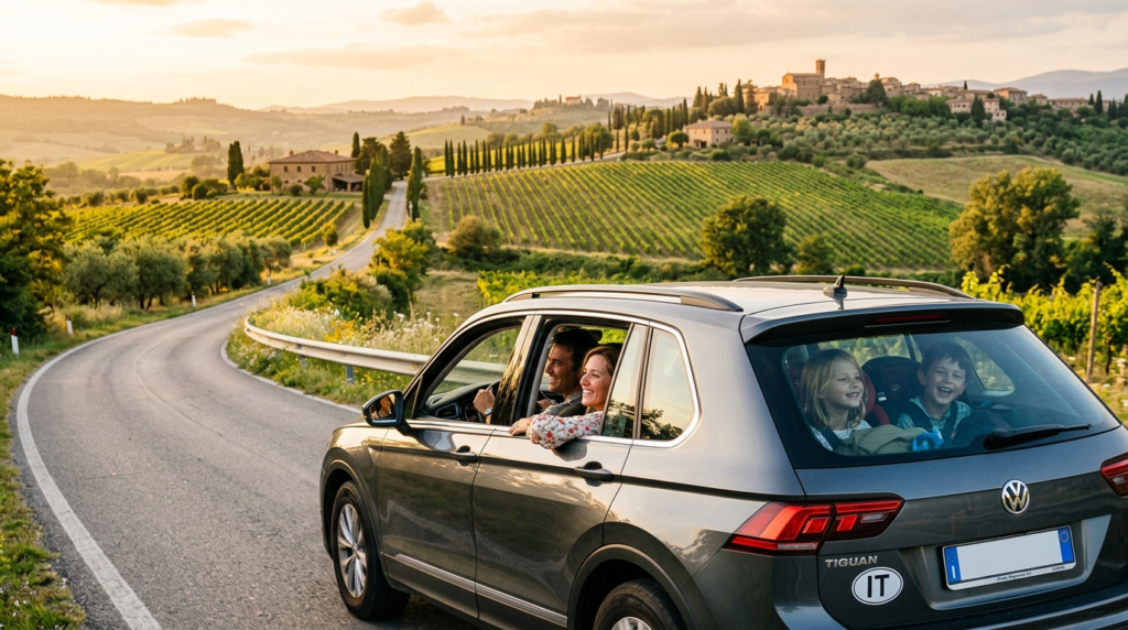 Family driving a rental car on a scenic winding road through