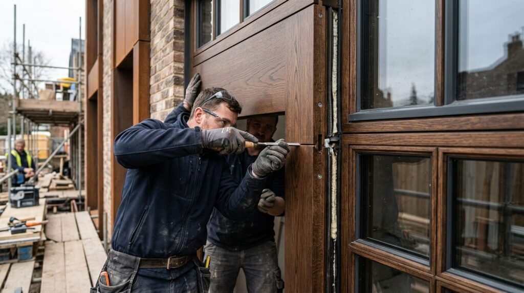 Close-up detail of premium custom door frame and window junc