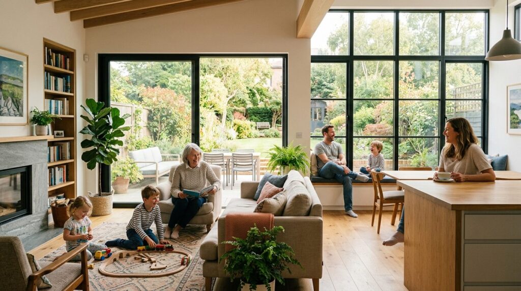 Happy multi-generational family in renovated home interior w