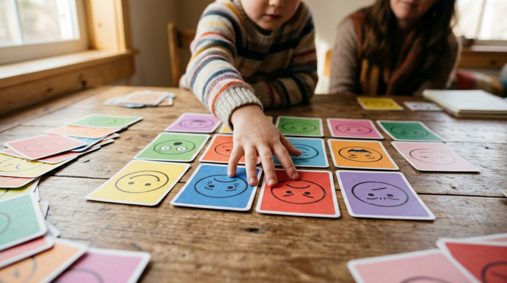 Close-up photograph of colorful emotion feeling cards spread