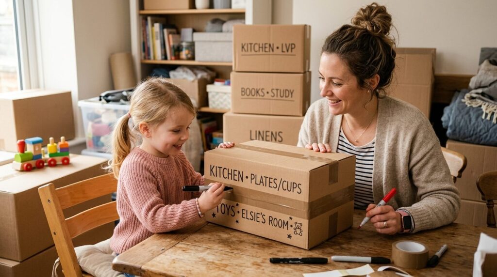 Close-up photograph of a mother and young daughter labeling 
