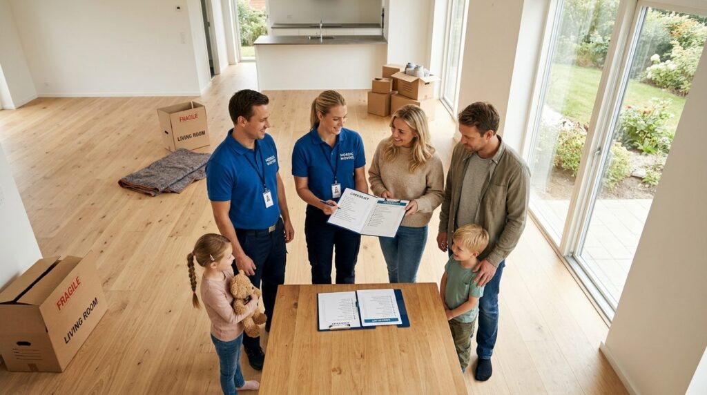 Overhead view of professional movers and a family with child