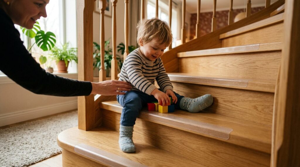 Warm interior photograph of a young child wearing socks play