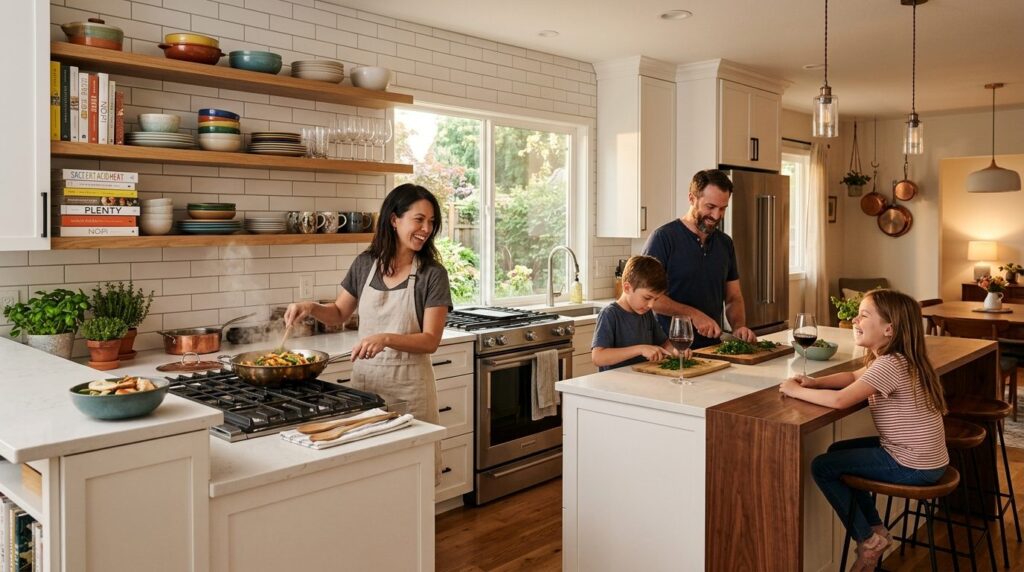 Modern family home kitchen renovation scene with classic fra