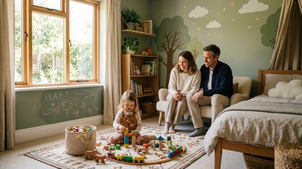 Warm, inviting photograph of a completed childrens bedroom