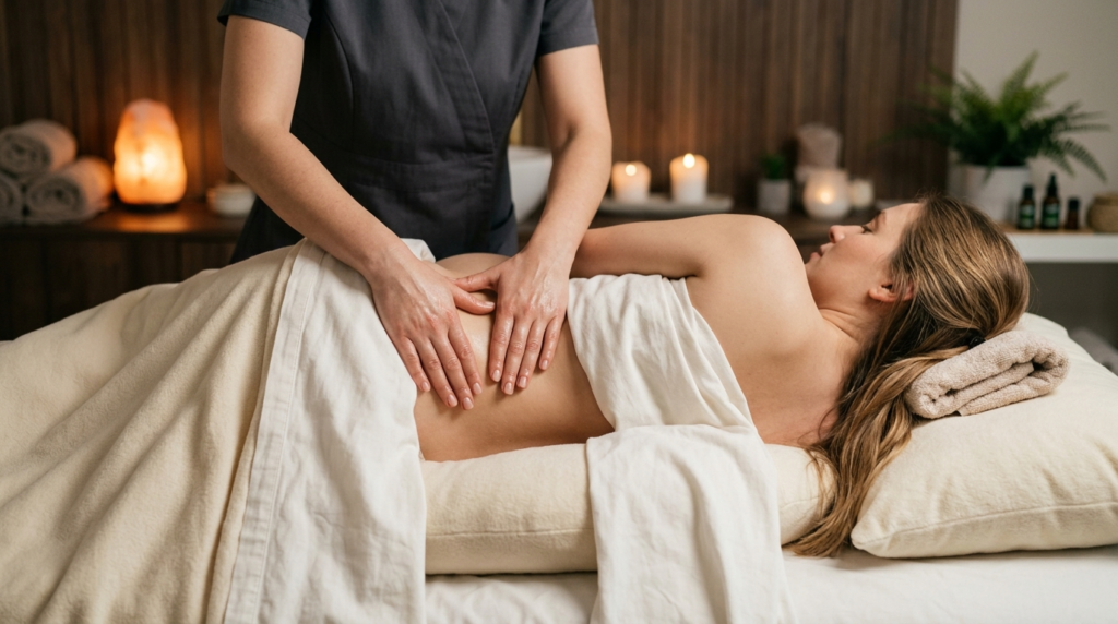 Close-up stock photo of a massage therapists hands performi