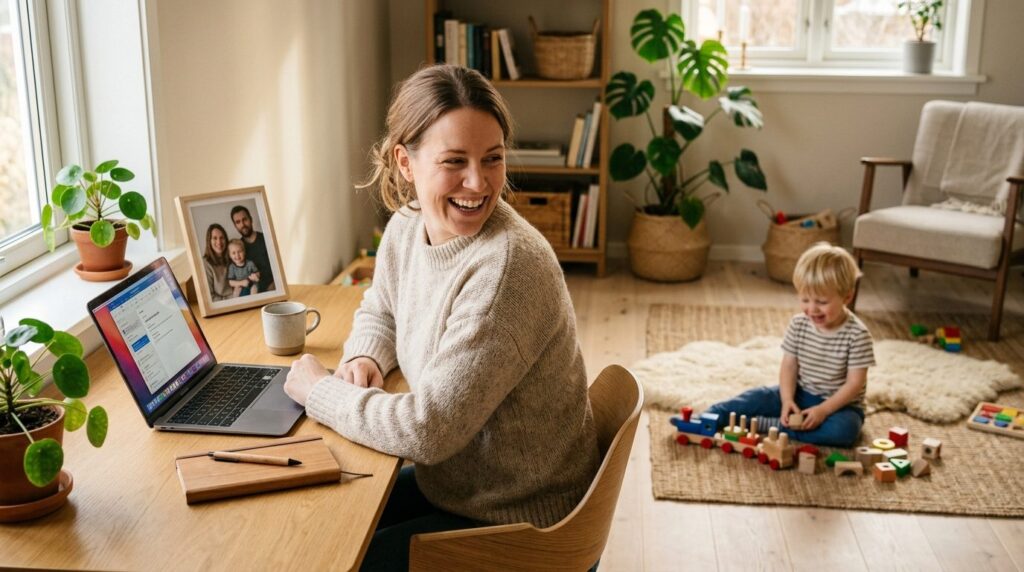 Close-up of a working mother at her desk in a home office wi