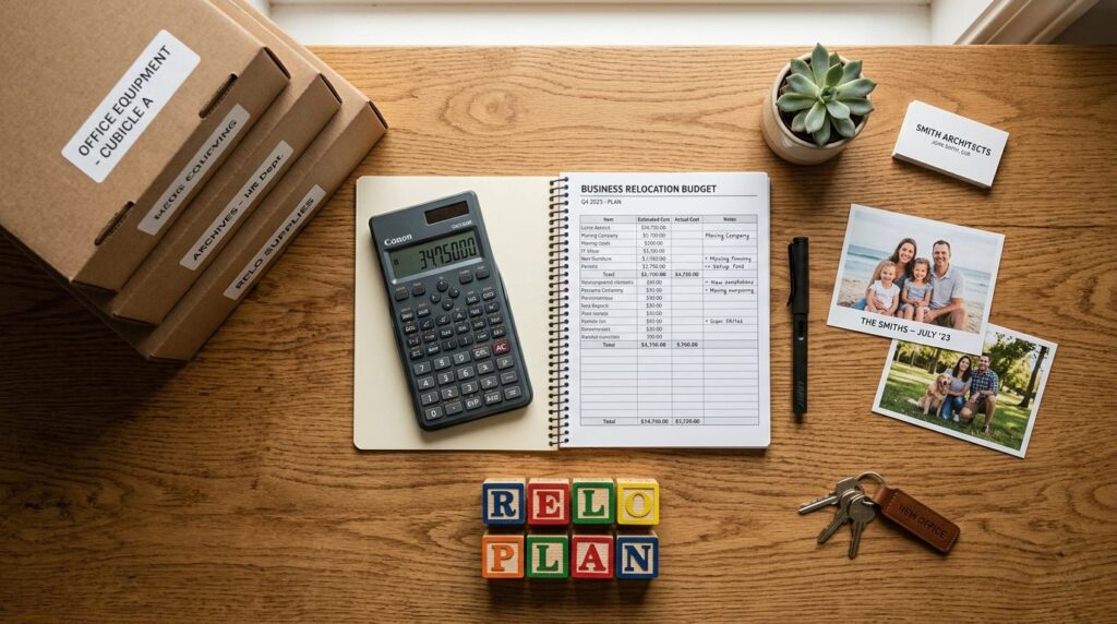 Overhead flat lay of moving boxes, calculator, budget spread