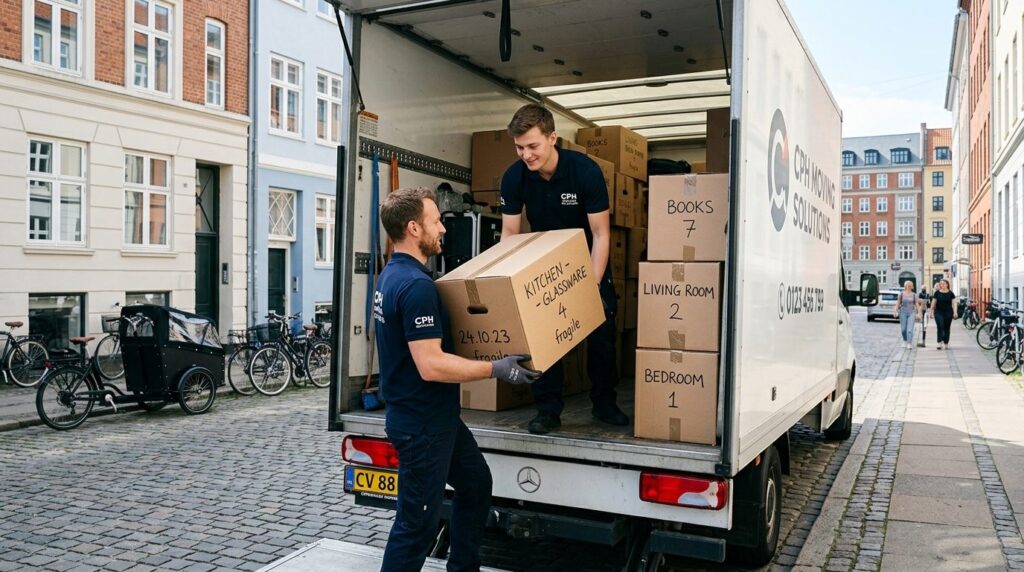 Close-up of professional movers carefully loading labeled ca