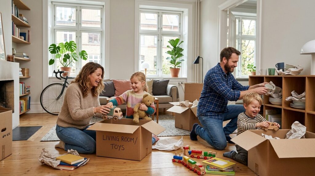 Family with children unpacking boxes together in a spacious