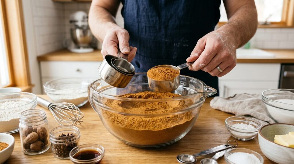 Close-up overhead shot of bulk cinnamon in a large glass con