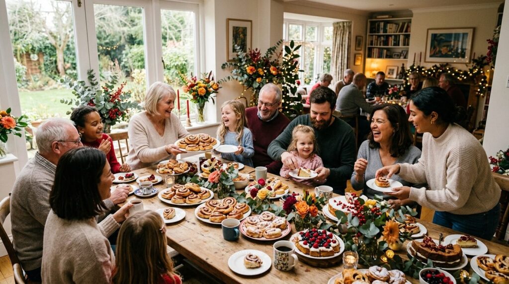 Wide angle shot of festive family gathering in a bright dini