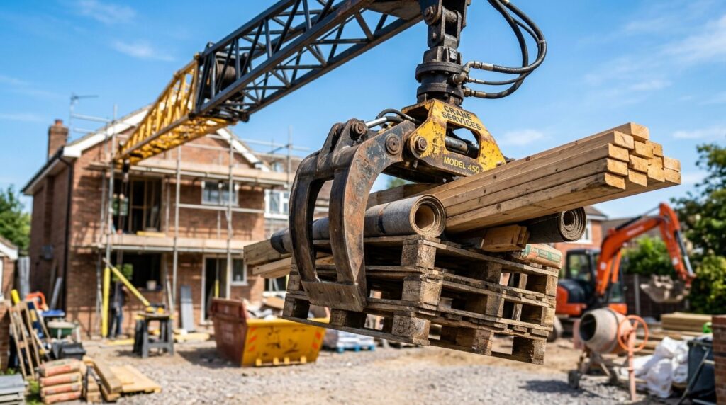 Gul og sort hydraulisk gribber i nærbillede under arbejde.