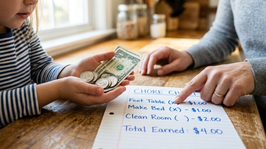 Close-up shot of a childs hands holding coins and paper mon