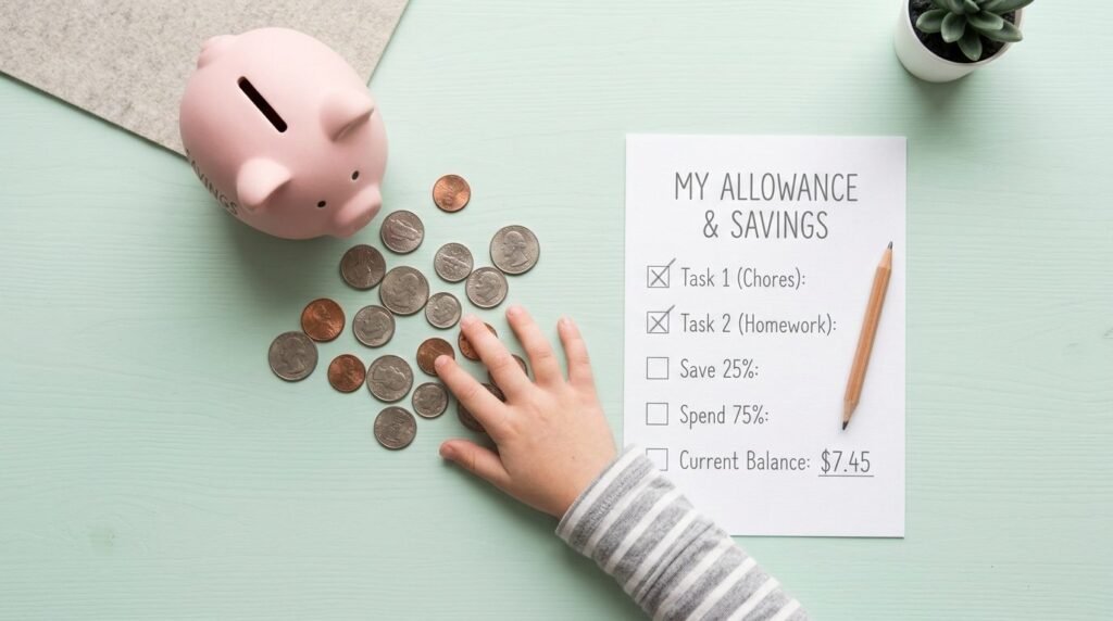 Overhead flat-lay scene of a piggy bank, scattered coins, a