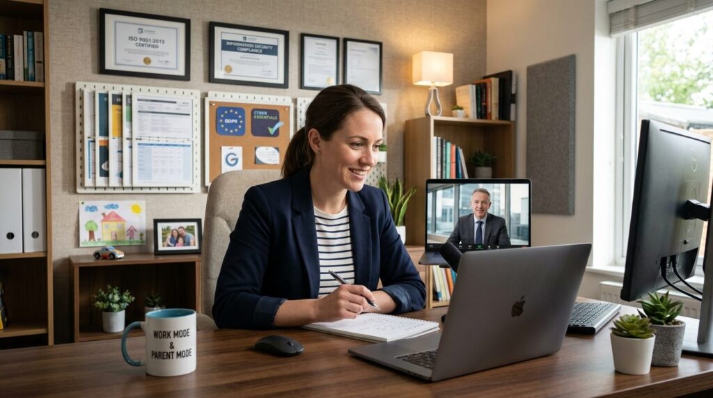 Professional photorealistic image of a freelancer parent con