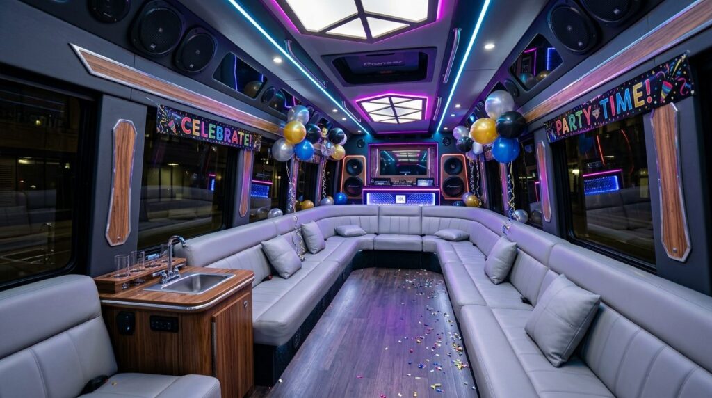 Interior view of a spacious party bus with neon ambient ligh