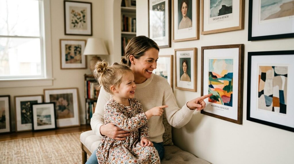 Close-up of a mother and young daughter discussing framed mu