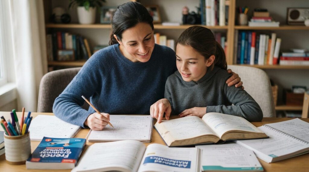 Close-up realistic photo of a parent and child reviewing phy