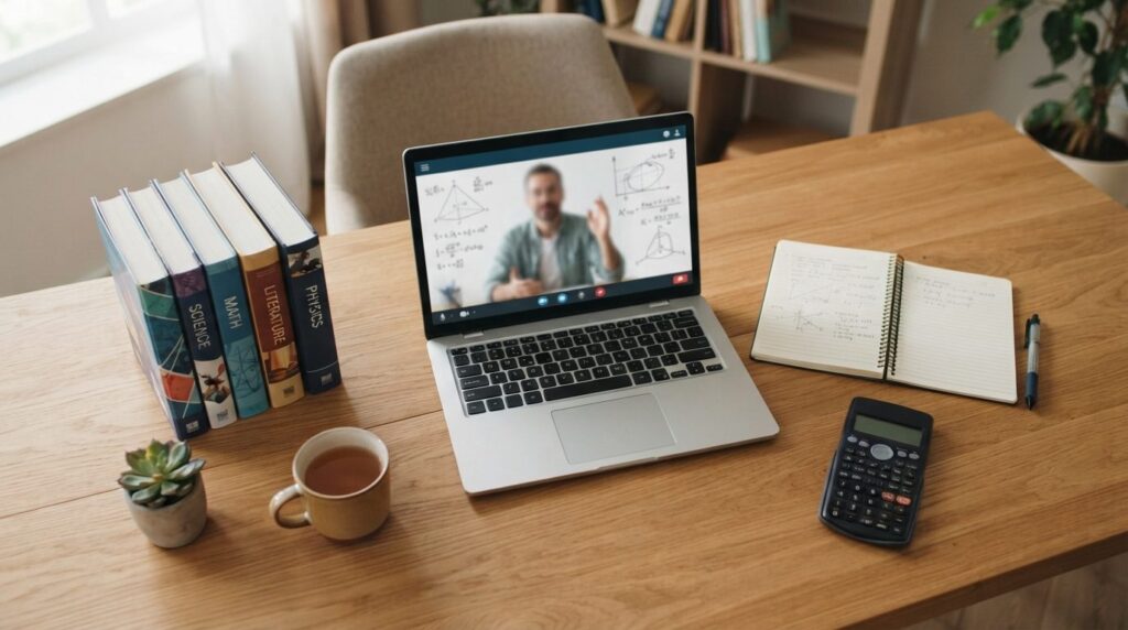Overhead view of organized study space with laptop showing o