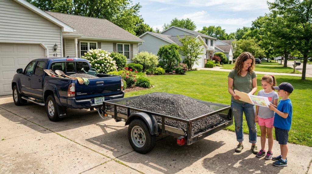 Photorealistic 16:9 stock photo of a small family pickup tru