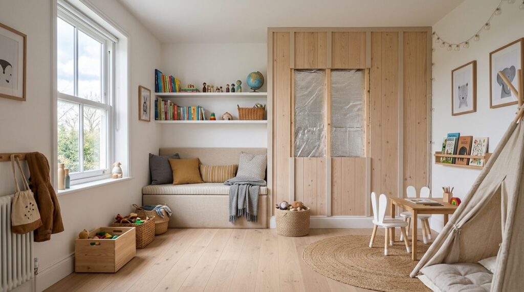 Wide angle view of a bright Scandinavian-style childrens ro