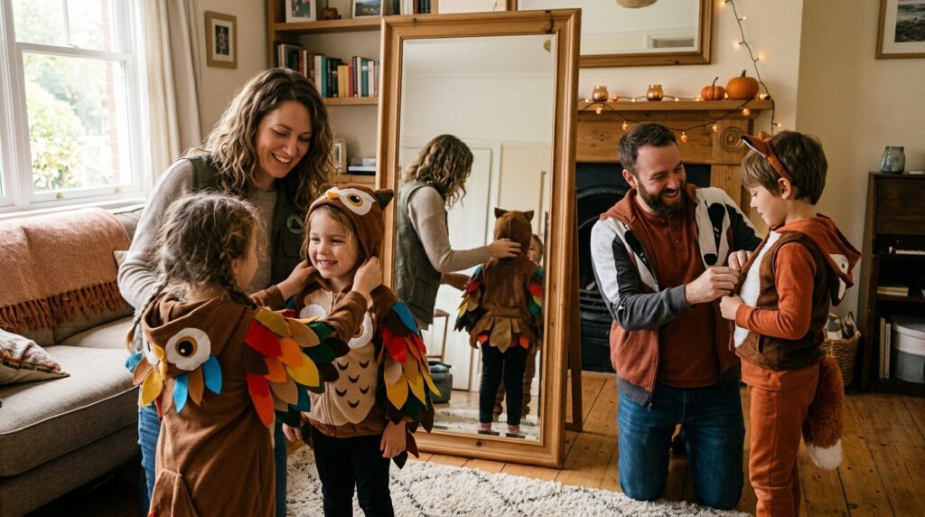 Candid family moment of parents helping children try on matc