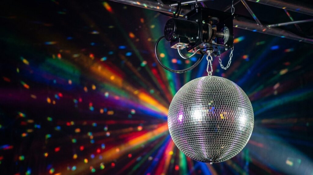 Close-up detail shot of a shimmering disco ball with motor m