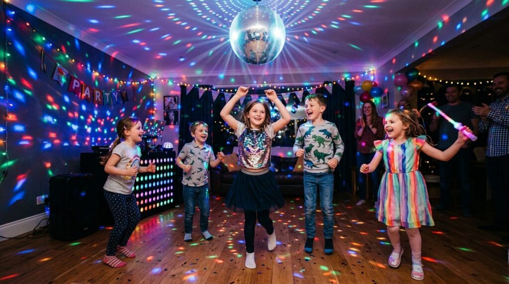 Happy children dancing at an indoor home disco party with sp