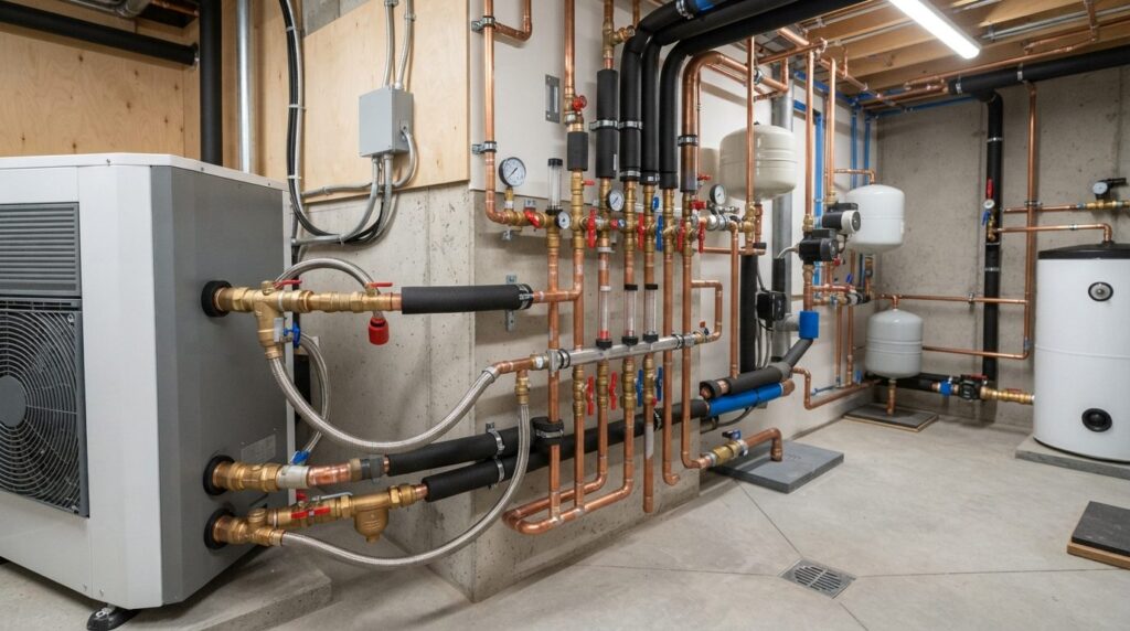 Close-up technical photograph of ground source heat pump ins
