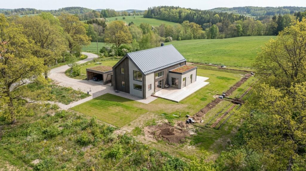 Aerial view of a new Scandinavian family home with garden du
