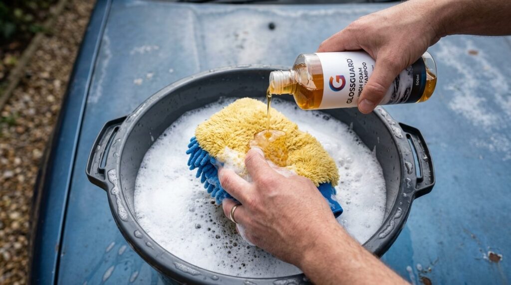 Close-up overhead shot of hands applying car wash shampoo to