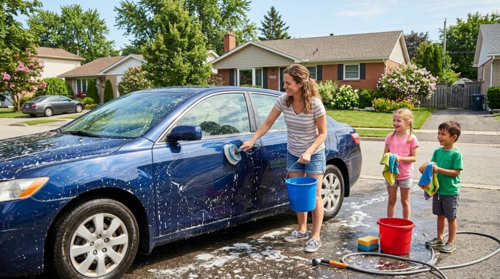 Wide angle view of a family-friendly car washing scene: a wo