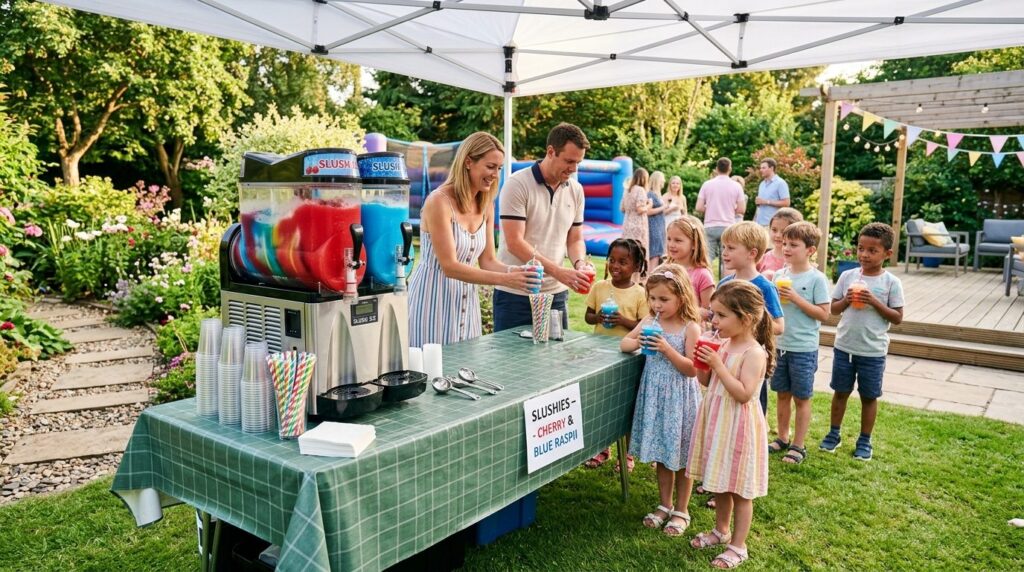 Wide shot of a professional slush ice machine in operation a
