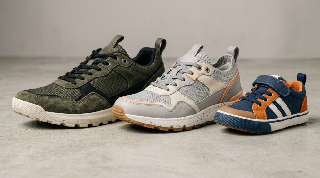 Close-up detail shot of three pairs of durable sneakers line