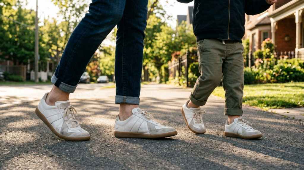 Candid lifestyle image of a parent and child walking togethe