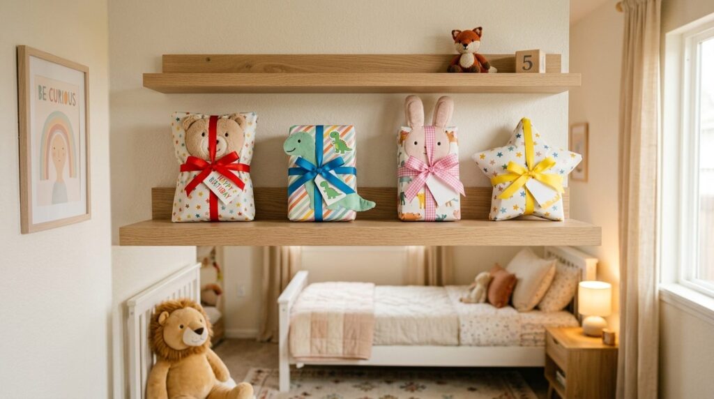 Gift-wrapped squishy toys with ribbons and bows displayed on